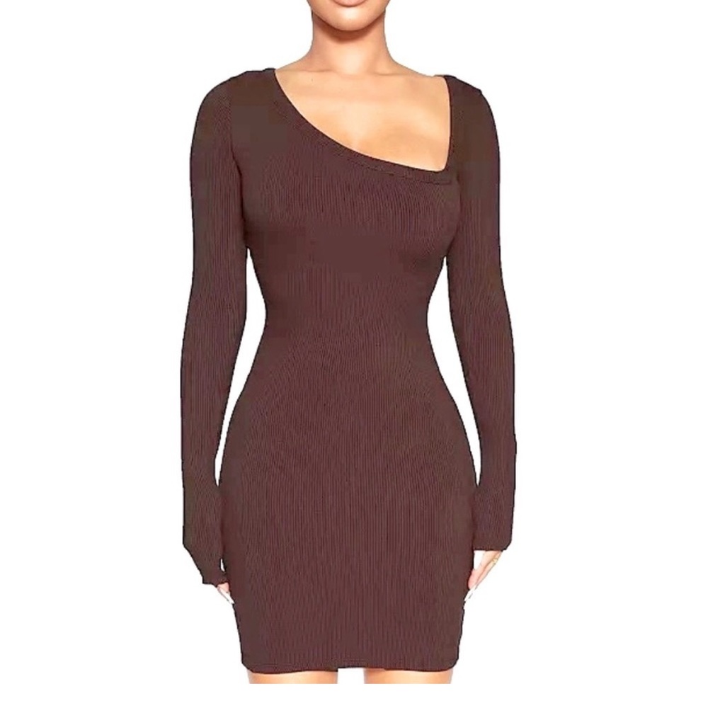 NAKED WARDROBE Ribbed Asymmetric Bodycon
Long Sleeve Mini Dress Chocolate Brown